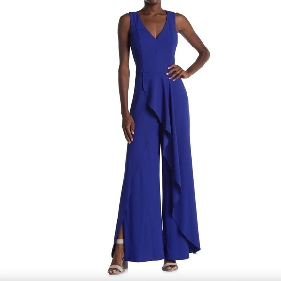 Marina Cobalt Blue Sleeveless V-Neck Ruffled Jumpsuit - Picture 1 of 9